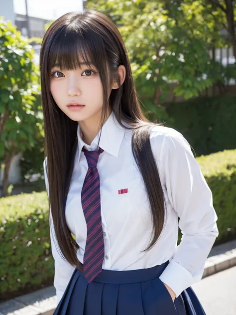 There is a woman wearing a suit and tie, Portrait of a Japanese teenage girl,   beautiful Japanese girls face , a Super realistic high school girl,  Japanese model, Super realistic high school girl,  Ilya Kubushinoff 、 long hair, by Naoya Tajima, Nam Jae-y...