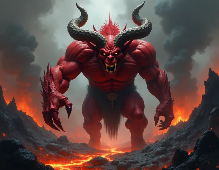 Create a realistic depiction of a menacing demon creature with red, muscular skin, standing in a dark, volcanic landscape. The demon has large, twisted horns, sharp yellow teeth in a wicked grin, and dark, intense eyes. It is reaching one clawed hand towar...