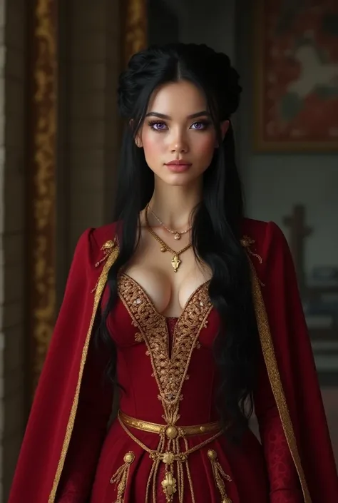 A 22-year-old medieval young queen with black hair and purple eyes and a red and gold dress 