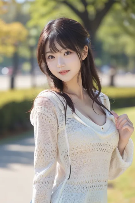 photo-realistic quality、 taking a portrait in the park、elegant japanese woman, japanese model wearing a summer sweater , cute ja...