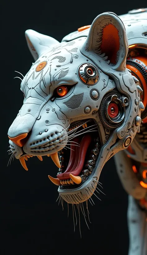 Cyber robotic, the detail of tiger cyber robotic head,intricate mechanical head parts, with futurism culture ornament