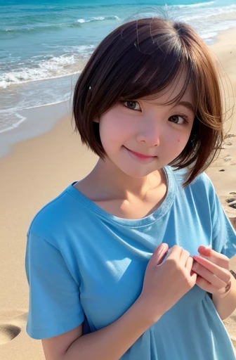 Red cheeks、shy、Light clothing、 sandy beach、 BEAUTIFUL GIRLS、cute、 short hair、20 years old、Round face、smile、 her breasts are big 、 beautiful eyes、Angry face、Touching hair with hands、Without a doubt