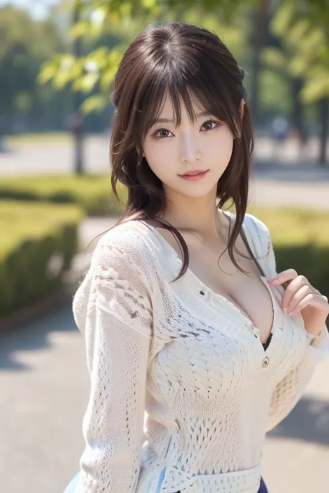 photo-realistic quality、 taking a portrait in the park、elegant japanese woman, japanese model wearing a summer sweater , cute ja...