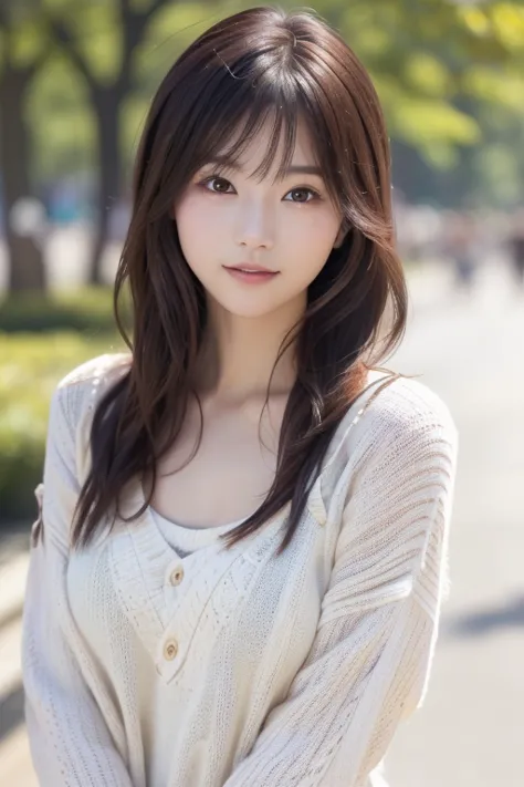 photo-realistic quality、 taking a portrait in the park、elegant japanese woman, japanese model wearing a summer sweater , cute ja...