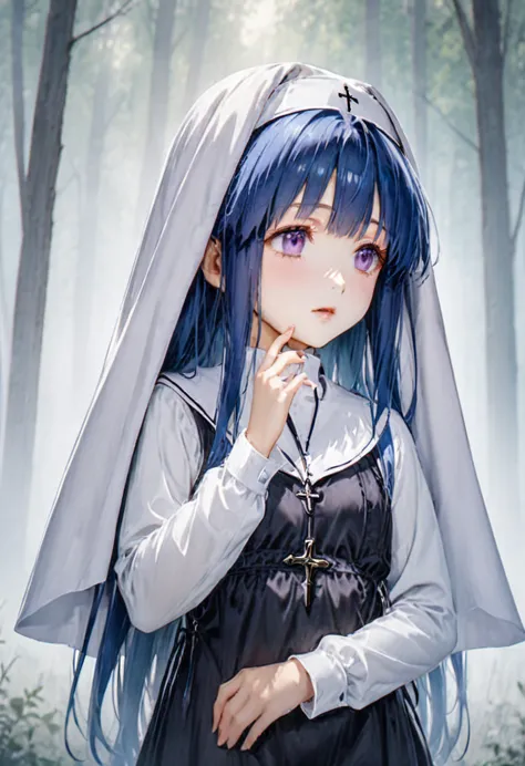 ((nun)),  long sleeve , furude rika,  blue hair,  purple eyes, in the forest、misty landscape、 imaginary、 dreamy atmosphere 、morn...