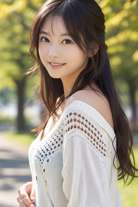 photo-realistic quality、 taking a portrait in the park、elegant japanese woman, japanese model wearing a summer sweater , cute ja...