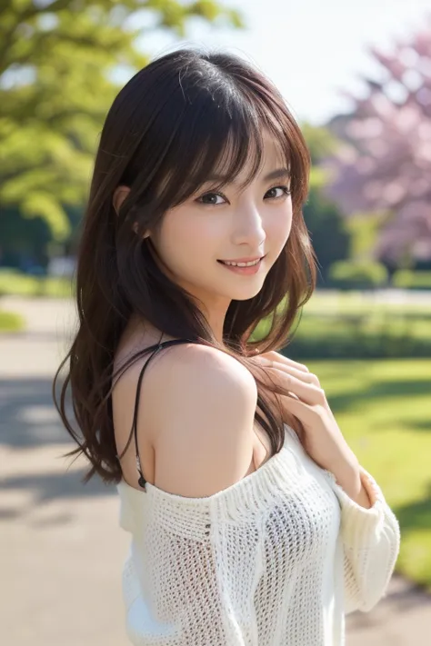 photo-realistic quality、 taking a portrait in the park、elegant japanese woman, japanese model wearing a summer sweater , cute ja...