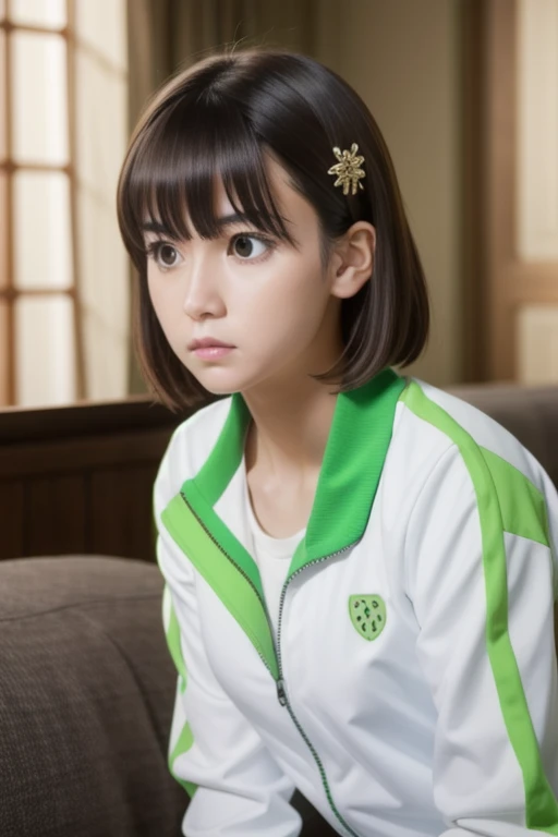 EFT_Sao_Sis, 1girl, kirigaya suguha, black hair, solo, short hair, track jacket, hairclip, hair ornament, jacket, green eyes, food, looking at viewer, black eyes, frown, breasts, sitting, collarbone, upper body, indoors