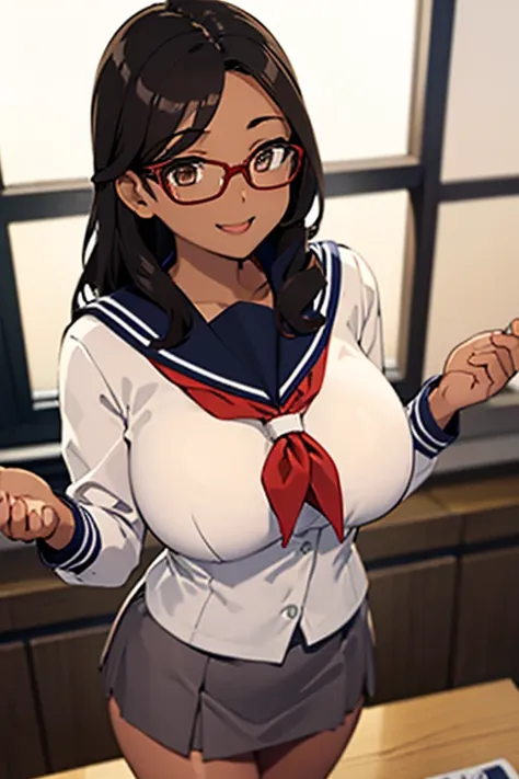  woman、Light Brown Hair、Rounded outline、Best Quality、 very detailed、Perfect human body、 exact number of fingers、( anime style)、(( Japanese))、((18-year-old female))、Big Breasts、(( dark skin 、Brown Skin))、whole body、smile、classroom、(sailor uniform)、blazer、 s...