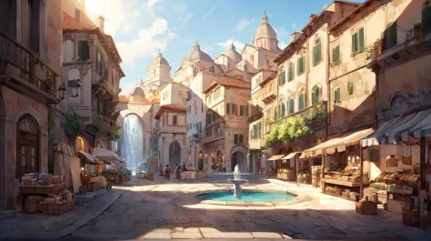 town port, italy inspired town, well lit, day time, wide view, with merchants selling goods at the background, fountain