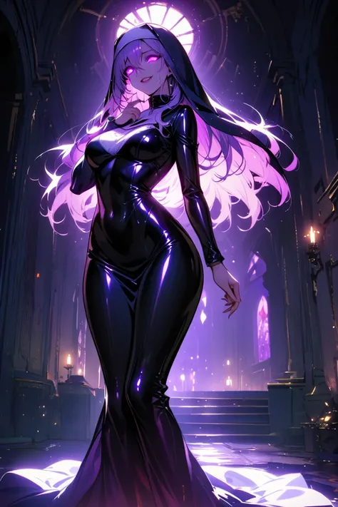  Young Beautiful Woman ,(Best Quality, Extremely Detailed Description , Incredibly Absurd Hi-Res,Curvy Legs),(Glowing Skin, Shiny Skin,Oilskin),(Clergy,Intricate shiny nun clothes),eyelash,(Intensely glowing purple eyes,Crazy Eyes, bewitching smile, shiny ...