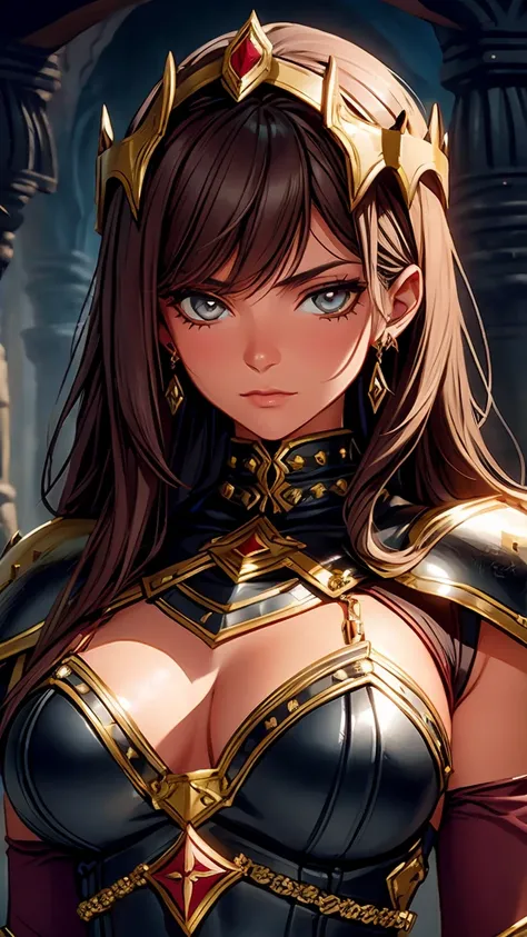 20 year old woman, high fantasy fighter, studded leather armor, tan skin, dark hair, dark eyes, arabic influence, ruby circlet, jeweled scimitars