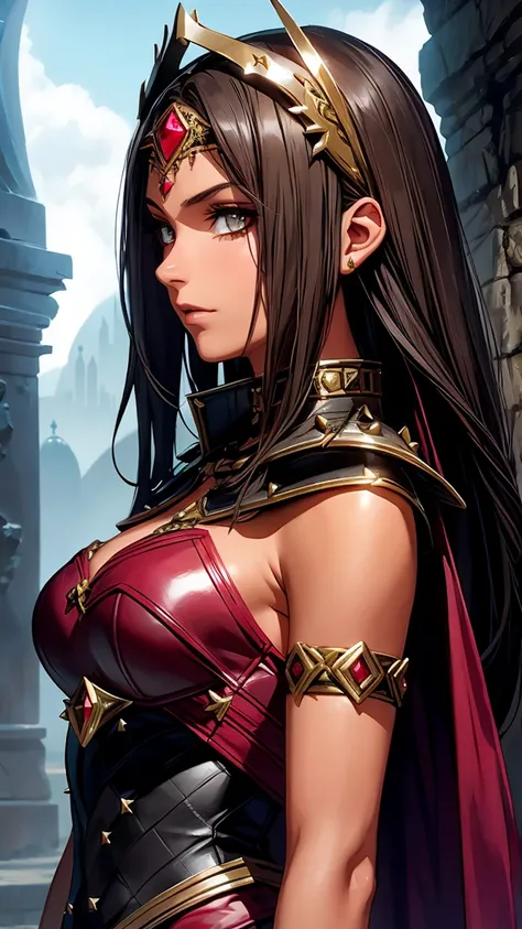 20 year old woman, high fantasy fighter, studded leather armor, tan skin, dark hair, dark eyes, arabic influence, ruby circlet, jeweled scimitars