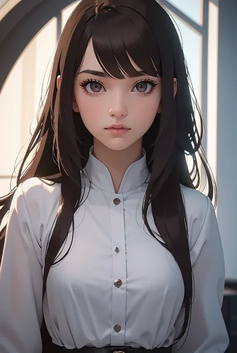 1 Girl, Solo, Hi-Res, Long Hair, Bangs, POV, Masterpiece, Accurate, Best Quality, Anatomically Correct, Detail, HD Model, High Detail, High Quality, Quality, Super Detail, Ultra HD, White hair, dark brown eyes, Symmetry, 3D isometric, Canon, Illustration, ...