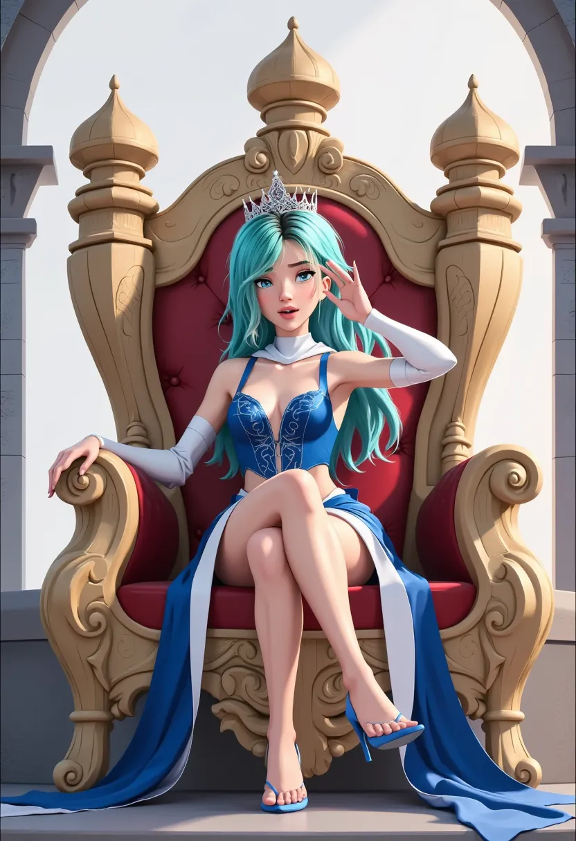 1girl, hatsune miku, princess outfit, crown, gold, ((throne)), in a castle, middle ages, wearing a blue vest, one foot on the gr...