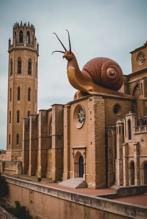 “an ultra-realistic and cinematic scene of the seu vella cathedral with an enormous, highly detailed snail perched on top. the s...