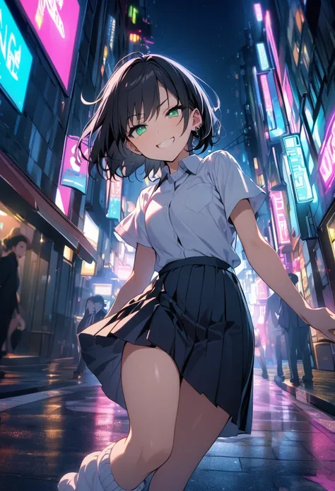  one woman、Black Hair、 short hair、Green Eyes、Slanted Eyes、 High School Student Uniforms、 loose socks 、Ear Piercing、Grin、Step on、 buildings、night、Boulevard lined with magenta lights 。