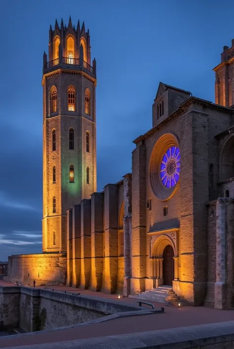 “a hyper-realistic and cinematic scene of the seu vella cathedral reimagined in a futuristic style. the gothic architecture has ...