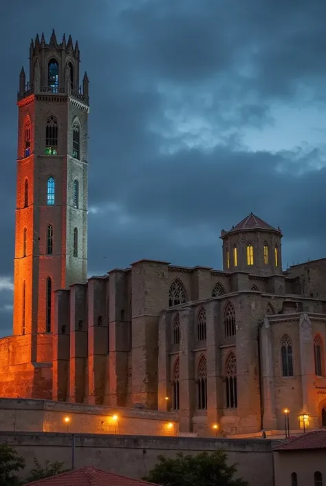 “a hyper-realistic and cinematic scene of the seu vella cathedral reimagined in a futuristic style. the gothic architecture has ...