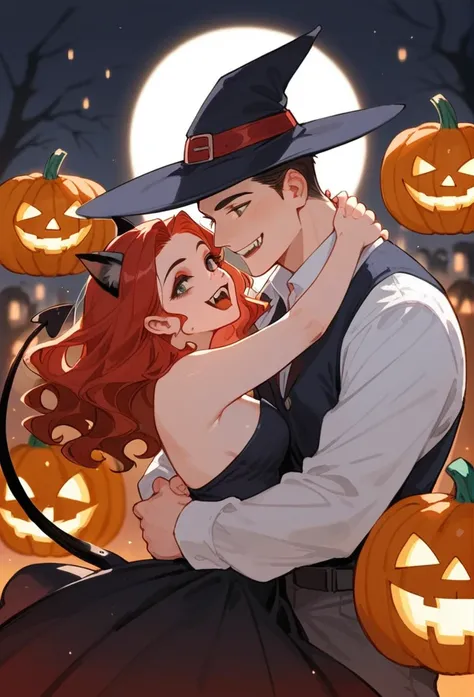 A couple, 1 girl, 1 joy, a beautiful woman, long wavy black hair, brown eyes, cat ears and tail, fangs, beautiful dress, demon horns
, A handsome Man, Red hair, shoulder length hair, Gray eyes, tall, defined body, sexy, demon horns, vampire fangs, Dracula ...