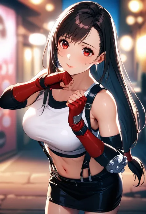 ,1girl, standing pose,  sweat,closed mouth,cowboy shot,facing viewer, 
BREAK 20 yo,defTifa, red eyes, low-tied long hair, earrings, white crop top, suspenders,navel,black miniskirt, pencil skirt, arm warmers, black elbow gloves, elbow pads, red gloves, red...