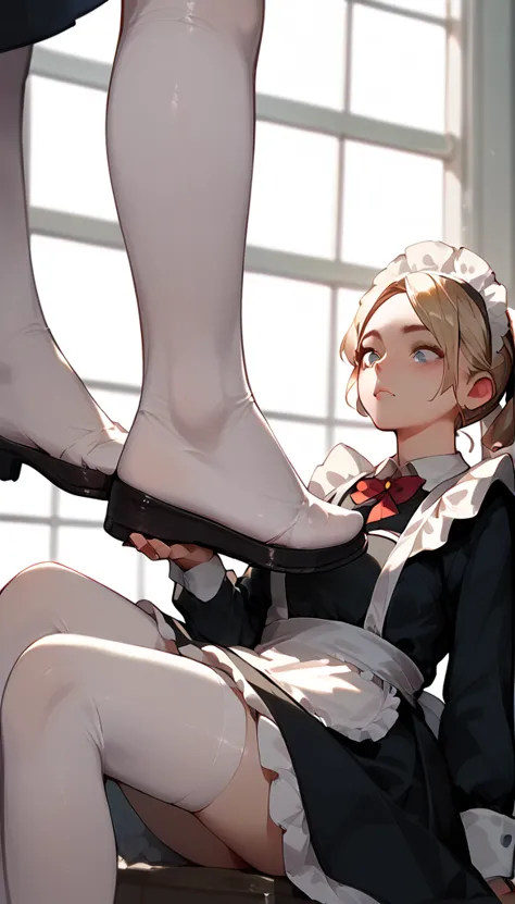 anime women, maid,  white stockings , raised leg, feet on throat, stomping of feet on neck, looking down, head out of frame, thr...