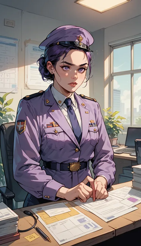 information office, listen to the telephone, female messenger, purple military uniform.