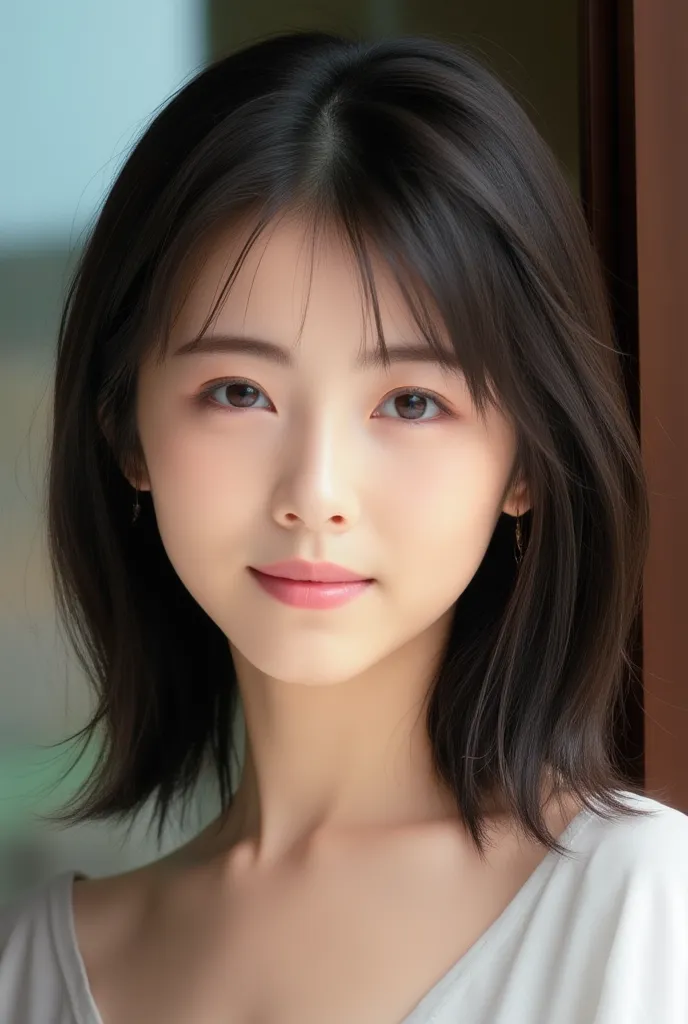 portrait photo of a young east asian girl  .smile:1.3, she has medium  , she has clear white skin