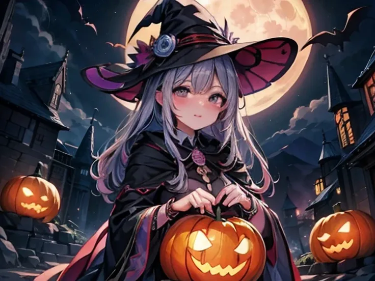 purple and silver hair,witch,  alien world , charming,  movie lighting  ,8k, jack o lantern  ,full moon