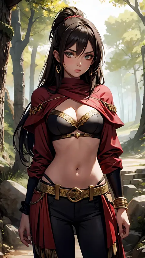 20 year old woman, high fantasy bandit, rawhide shirt and pants, tan skin, dark hair, dark eyes, arabic influence, ruby circlet, jeweled scimitars, forest background