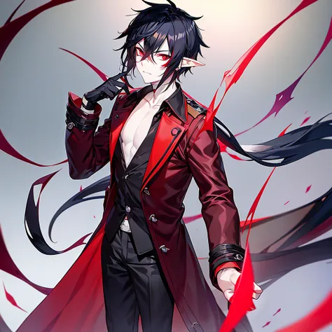 Generate an anime-style demon boy with black hair ,with elf ears, red eyes, pale skin, with a scar on the right eye,  with a glove on his left hand and dressed in a red and black trench coat and black pants