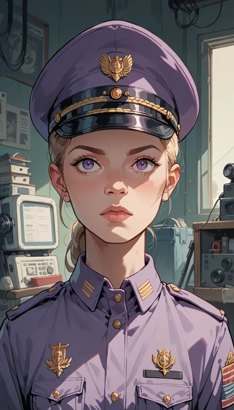 landline telephone, female messenger, listen, purple military uniform.