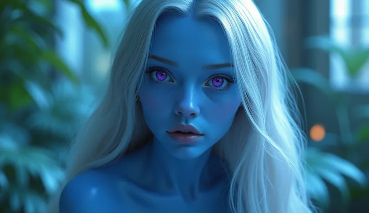 A young alien woman in her early 30s, with vibrant blue skin and long, flowing silver hair that seems to shimmer. Her large, expressive violet eyes gaze directly at the viewer, conveying curiosity and a hint of longing. She is seated in a futuristic room, ...