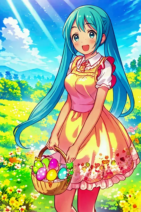 (masterpiece、Best Quality、Best Quality、Official Art、Beautiful and beautiful:1.2)、(One person:1.3) Hatsune Miku、 twin tails,Beautiful breasts,、(masterpiece), Best Quality,  HOLD A SUNNY SPRING DAY , in a meadow full of flowers, a girl in colorful dress and ...