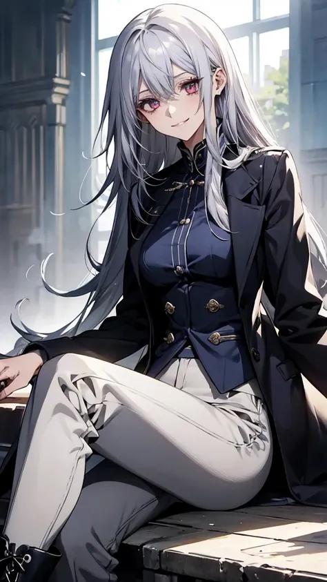 (Puzzled、 high resolution、 very detailed)、female 1 person、Silver Hair、 long hair、Crimson Eyes、navy blue formal、27th generation 、Beauty、adult、Being thin、Quiet、 calm、 Little Smiles 、 kind smile、 in front of someone you like 、Long coat、細身でBeing thin、boots、 sk...