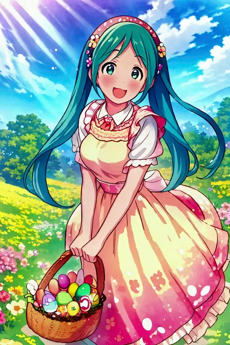 (masterpiece、Best Quality、Best Quality、Official Art、Beautiful and beautiful:1.2)、(One person:1.3) Hatsune Miku、 twin tails,Beautiful breasts,、(masterpiece), Best Quality, HOLD A SUNNY SPRING DAY , in a meadow full of flowers, a girl in colorful dress and ...
