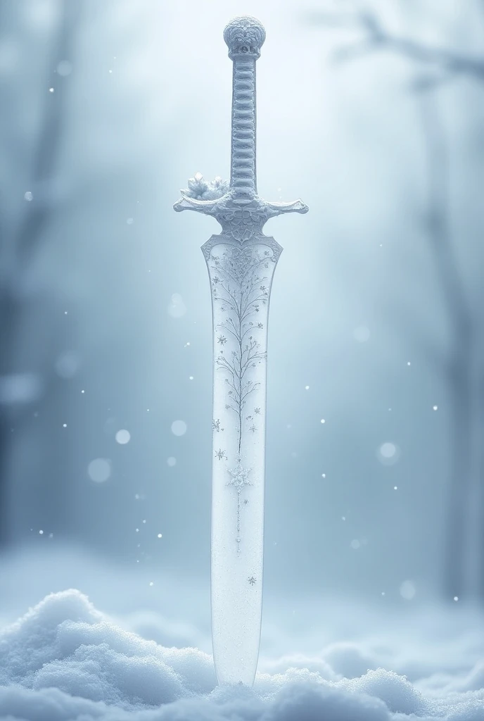 Prompt: "A beautifully crafted Chinese sword with a unique snow theme: the blade is pure white, symbolizing the essence of winter and ice. Delicate patterns resembling frosty branches and plum blossoms run along the length of the blade, adding elegance and...