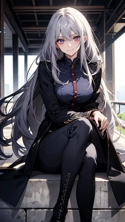 (Puzzled、 high resolution、 very detailed)、female 1 person、Silver Hair、 long hair、Crimson Eyes、navy blue formal、27th generation 、Beauty、adult、Being thin、Quiet、 Calm、 Little Smiles 、 kind smile、 in front of someone you like 、Long coat、細身でBeing thin、boots、 sk...