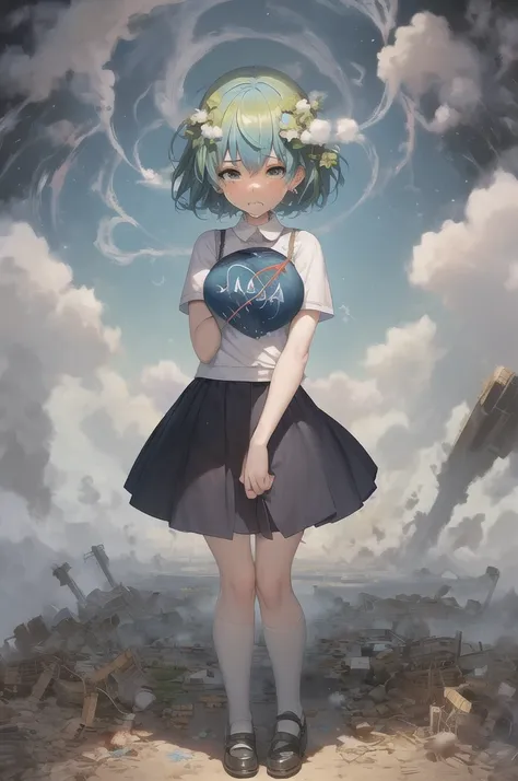 (masterpiece, best quality:1.2), solo, 1girl, earth-chan, crying, looking at the two hands hugging the earth, a miserable expres...