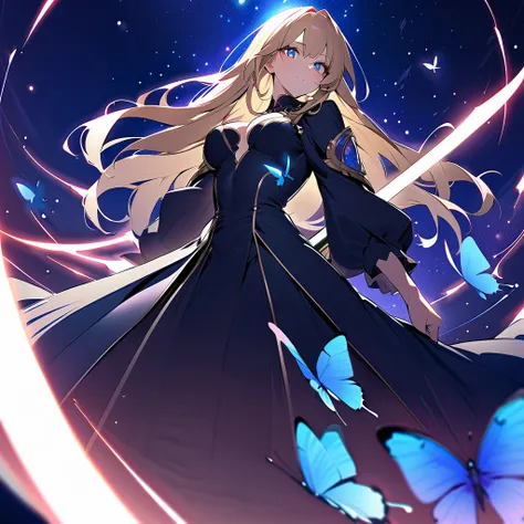  anime style,Woman holding a sword,  a woman holds a sword in front of her body  .,blonde,Long Hair,  wearing a black cloak  ,  blue eyes  ,Sparkling Eyes,Sparkling Eyesのハイライト ドレスの衣装,Wear a black cloak  , A blue butterfly flutters its wings  ,  noble atmos...