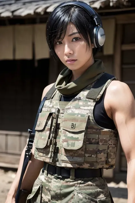 (( Muscular Japanese Female Soldier with Black Hair and Short Cuts))、Sharp Eyes、(Age 35)、camouflage military pants、(Bulletproof vest)、Ammunition belt、 tank top、(Military Headphones )、(Afghan scarf )、whole body、( face dirty with mud )、(Military handbag)、Str...