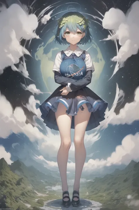 (masterpiece, best quality:1.2), solo, 1girl, earth-chan, (masterpiece, best quality:1.2), solo, 1girl, earth-chan, crying, looking at the two hands hugging the earth, the earth in her hands, a miserable expression because of the destruction and pollution ...