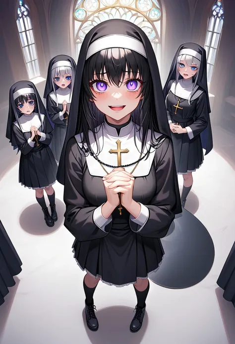 (nuns, sister, monastic clothes, detailed skin,  high definition), gothic,  yandere:1.2, yandere:1.2, confused eyes, purple eyes...