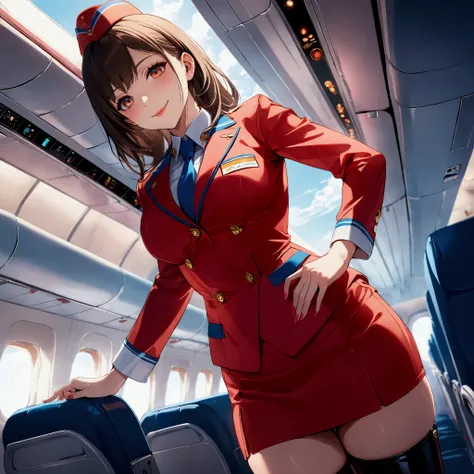 masterpiece,best quality,ultra detailed,8K,super fine illustration,highly detailed beautiful face and eyes,perfect anatomy,professional lighting,1 flight attendant,(solo:1.3), microskirt and boots uniform,orange and pink dress,smile,airplane interior,dynam...