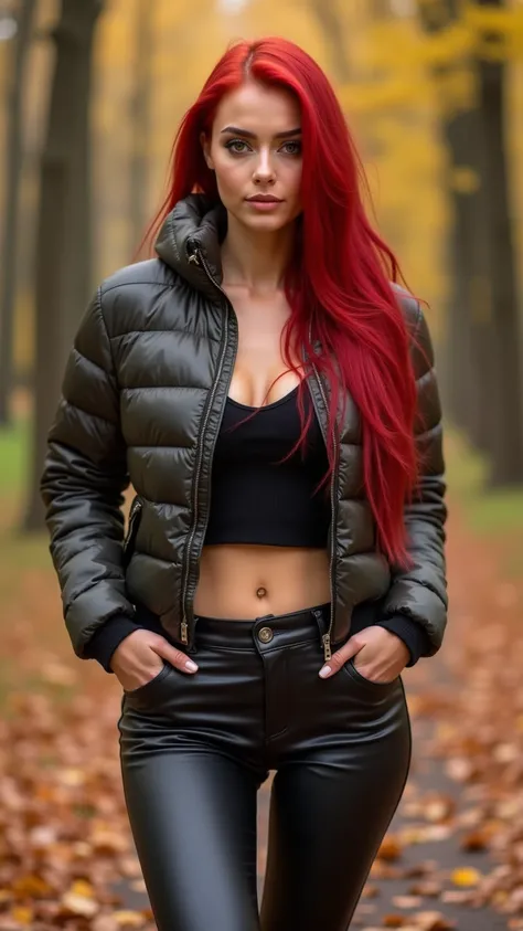 beautiful slim busty 18 yo German woman, casual autumn outfit with cropped puffer jacket and leather pants, tanned skin, realistic hazel eyes, movie-style image, seductive smile, high quality clothes look, very long dyed RED stringy straightened hair, Full...