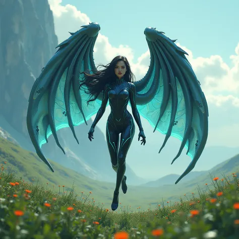  A beautiful woman,  high tech armor in shiny black and neon blue , Long hair, innocent face ,  giant tentacle wings wide open on his back ,  flies hovering over a expanse of flowering grass fields. fantasy, otherworldly, 