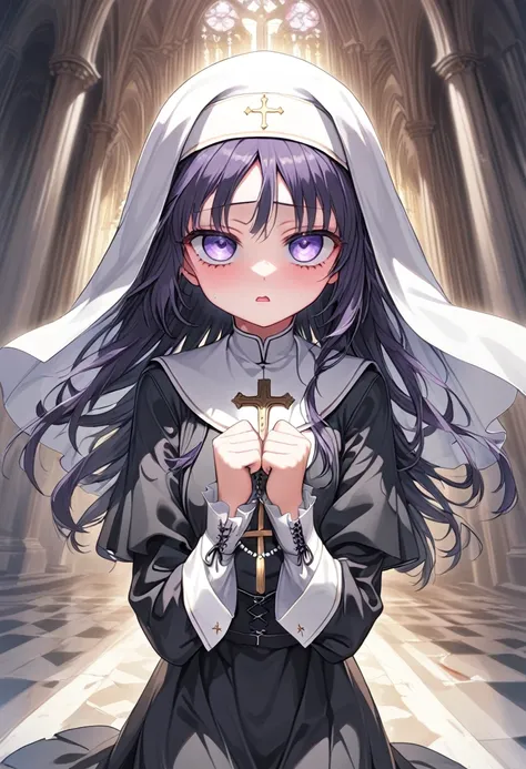 (1girl:1.4, , loli, 1 nun ,  1 sister, monastic clothes, detailed skin,  high definition), gothic,  yandere:1.2, yandere:1.2, co...