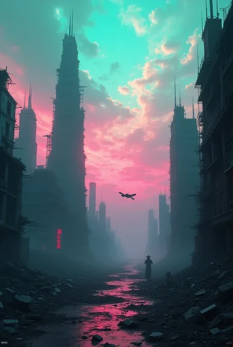 Cyberpunk setting with destroyed buildings, clouds filled with green and neon pink rays. flying cars 
