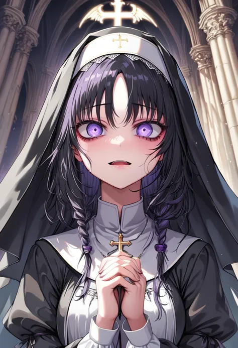 (nuns, sister, monastic clothes, detailed skin,  high definition), gothic,  yandere:1.2, yandere:1.2, confused eyes, purple eyes...