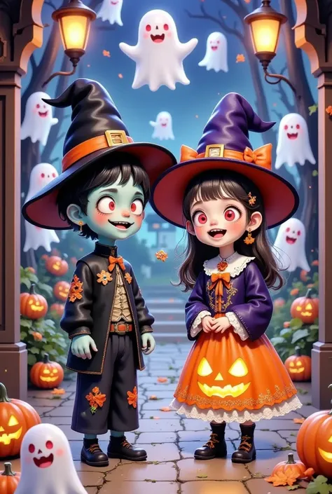 Cute little zombie and cute little witch in hats，Halloween，Pleasant，fantasy ghost